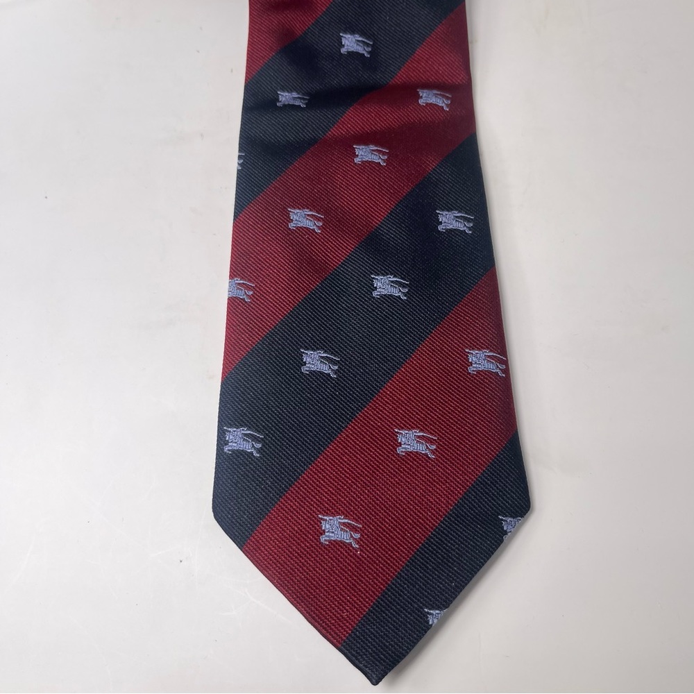 Burberry Classic Striped Tie Red & Navy Blue with Light Blue Burberry Logos